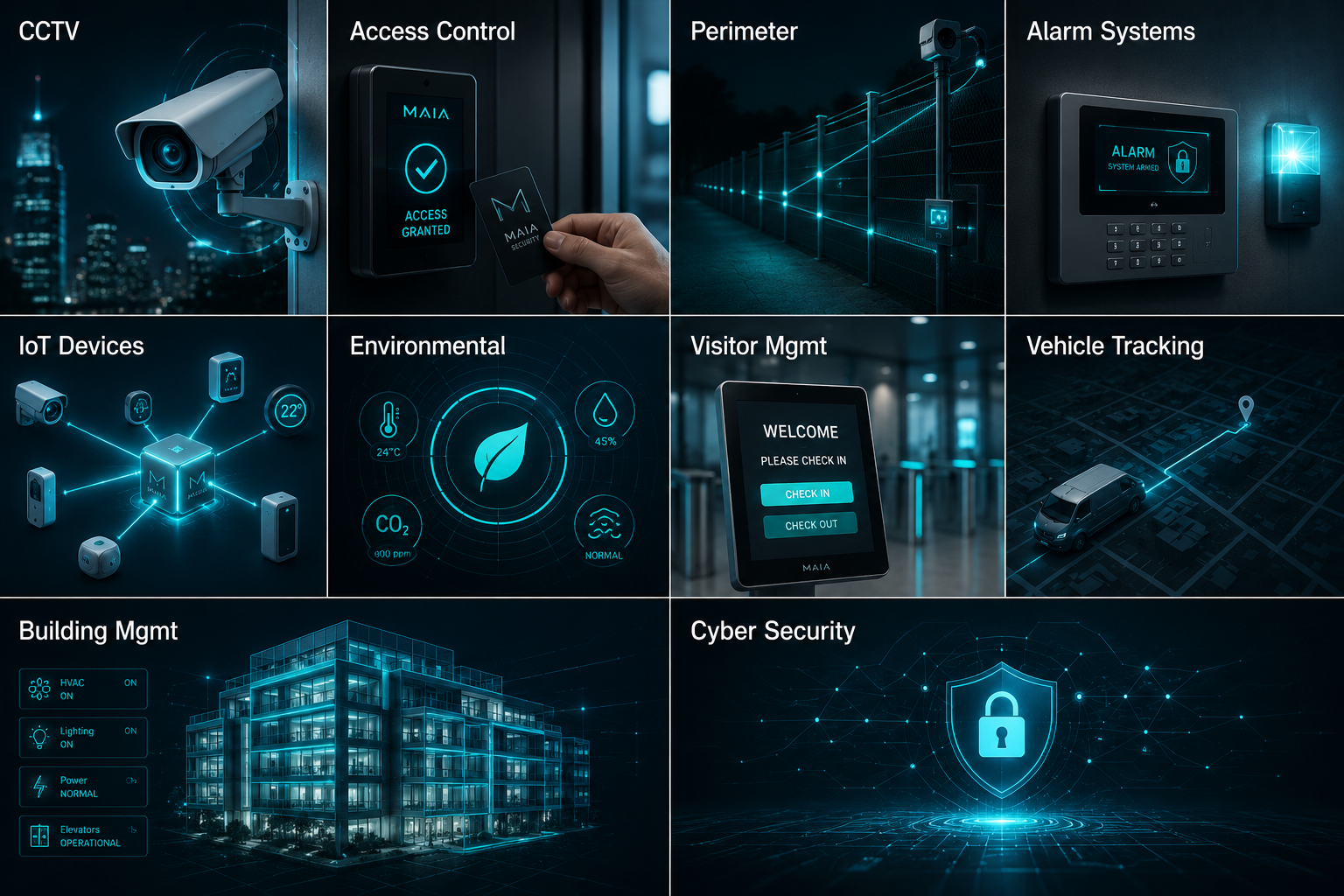 MAIA unified capabilities: CCTV, Access Control, Perimeter, Alarm Systems, IoT Devices, Environmental, Visitor Mgmt, Vehicle Tracking, Building Mgmt, Cyber Security